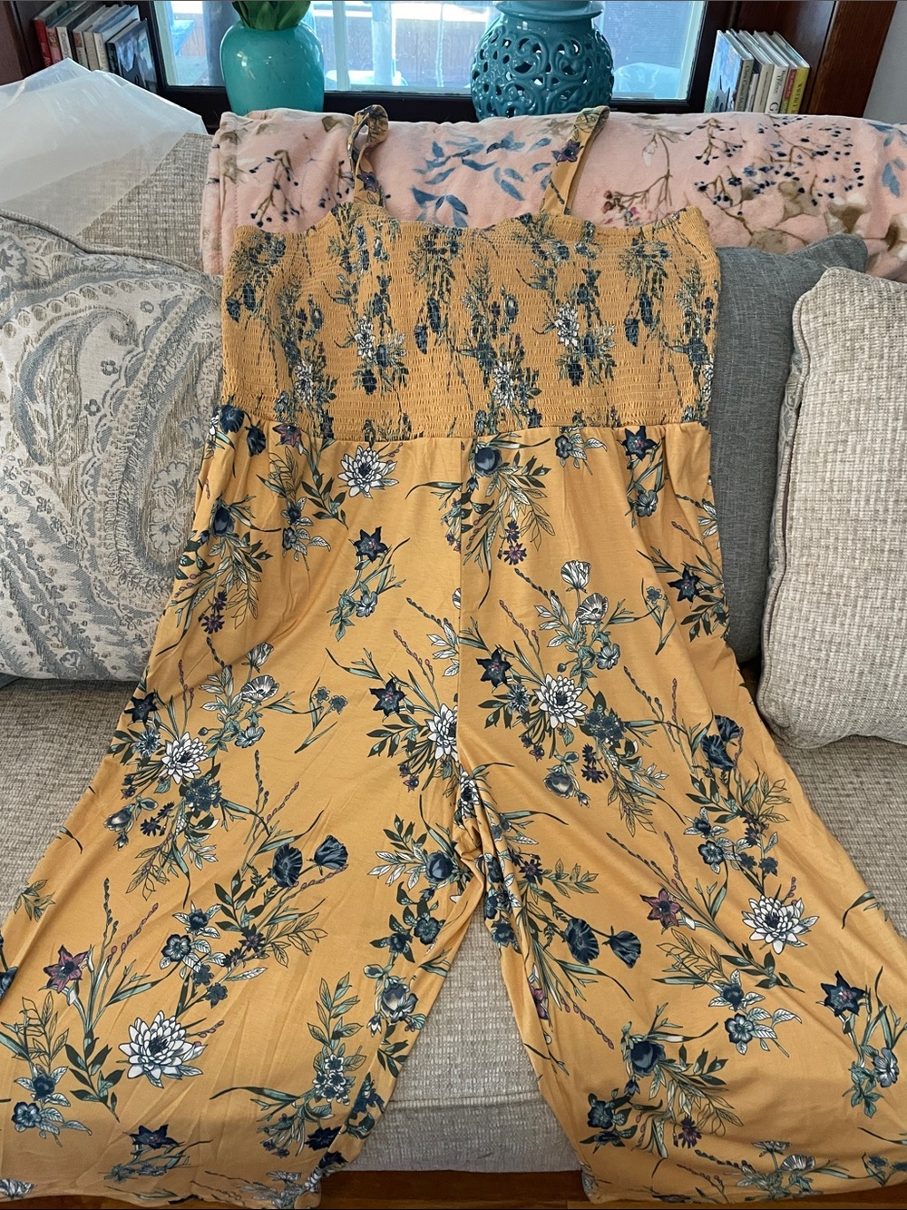 Indigo Thread Co Mustard Floral Wide-Leg Jumpsuit 3x